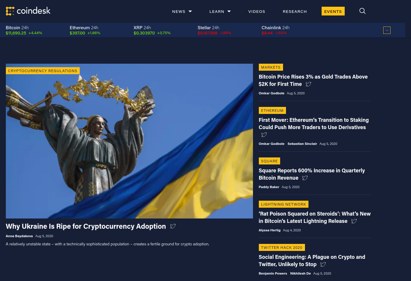 The front page of CoinDesk in August 2020.