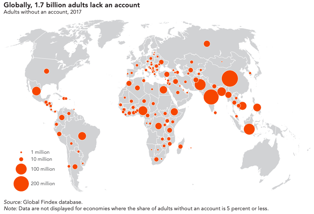 A map of unbanked and underbanked populations by the World Bank.