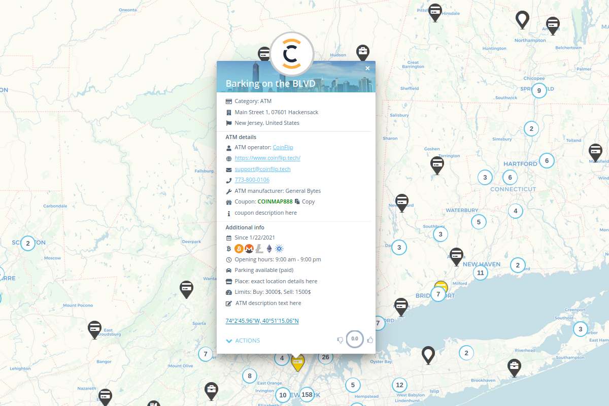 A premium Bitcoin ATM in New Jersey operated by CoinFlip as it appears on Coinmap.org