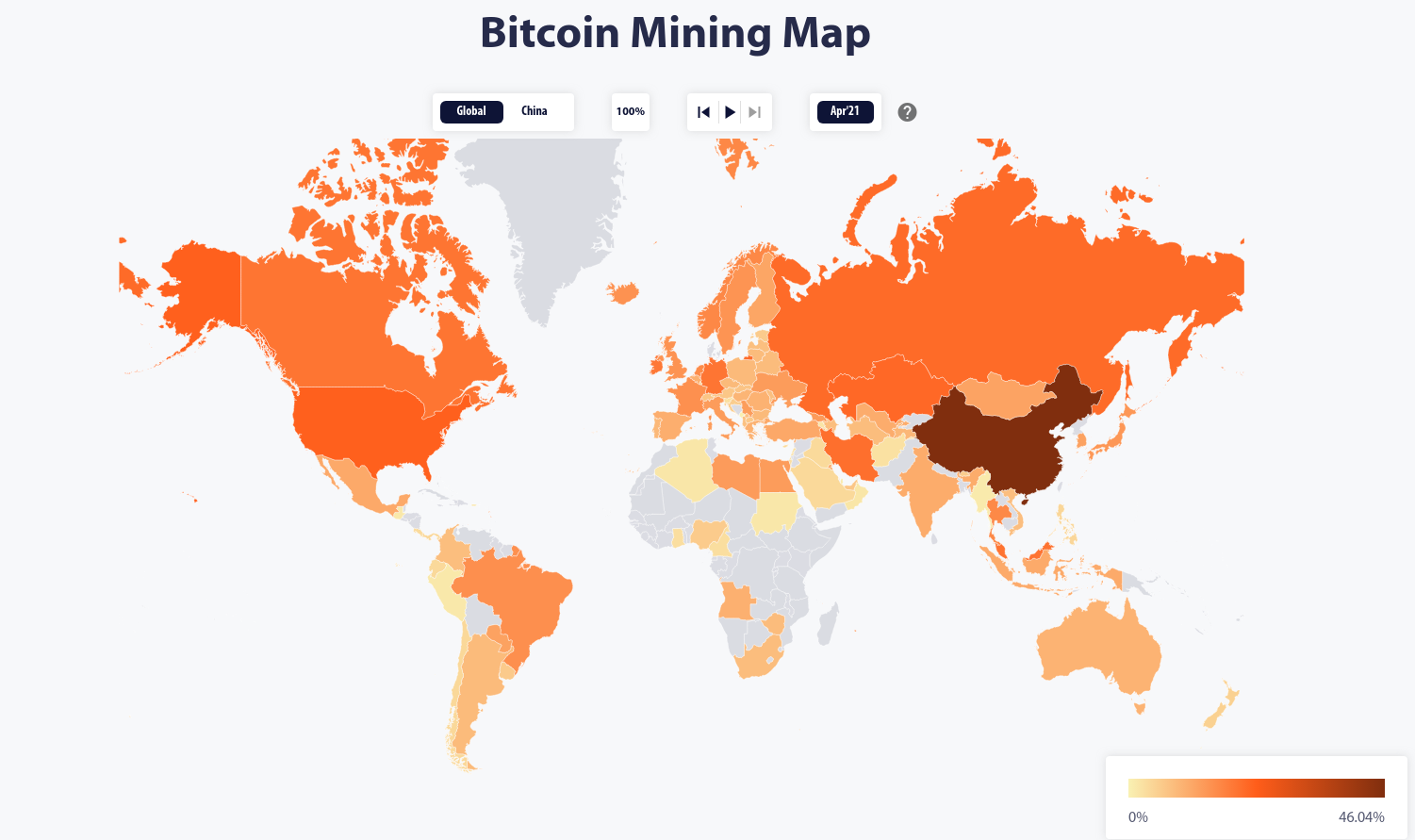 This visualization from shortly before China's 2021 mining crackdown shows China accounting for nearly half of all mining power, more than double the second-place US. By Cambridge Bitcoin Electricity Consumption Index.