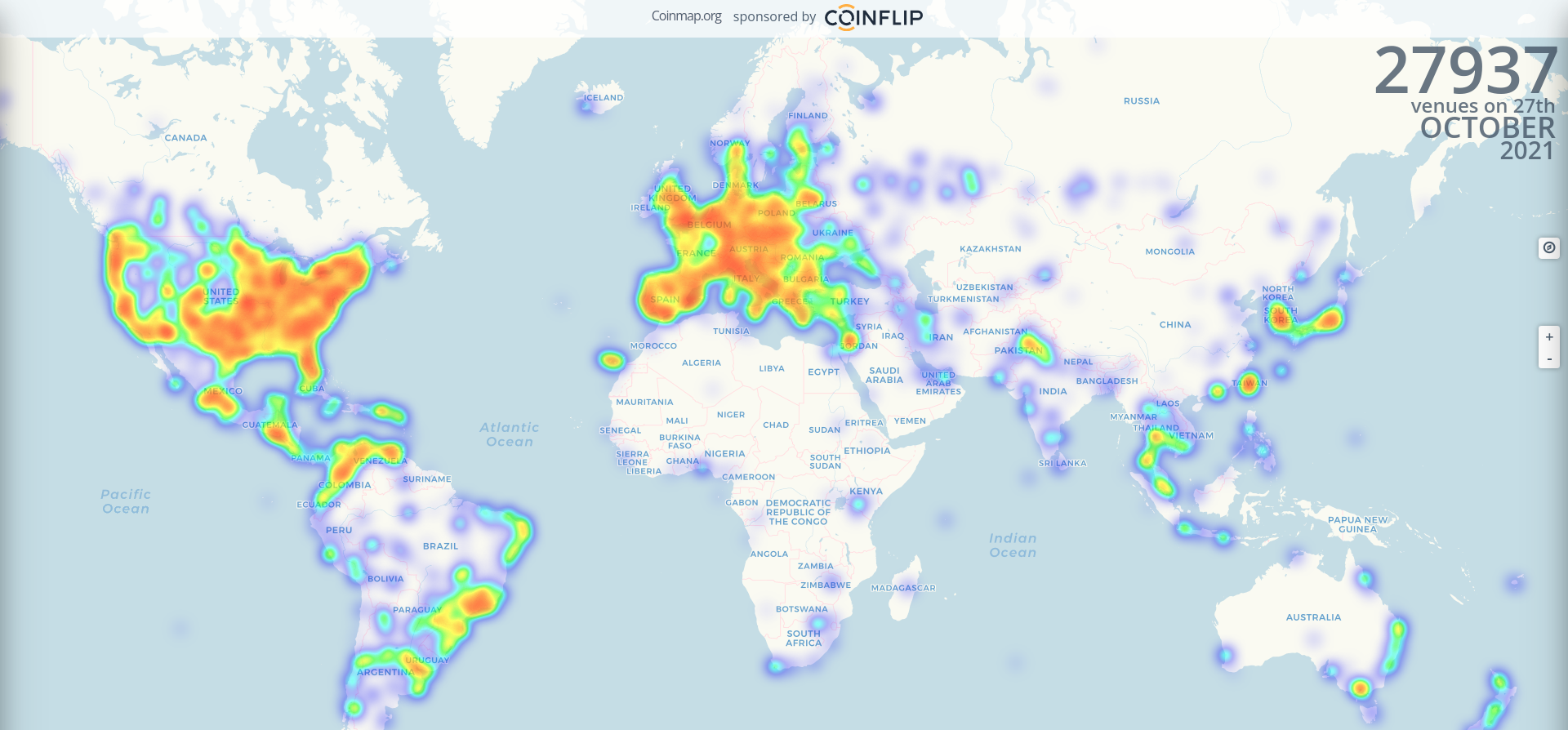 A global view of Coinmap's heatmap showing 27937 venues as of October 27, 2021.